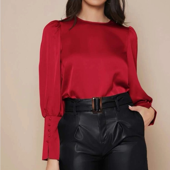 Luxe button cuff lantern sleeve satin blouse - Picture 3 of 13
